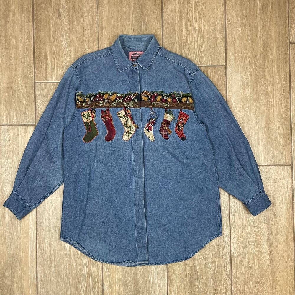 Cambridge Country Store Denim Shirt Womens S Christmas Stocking Embroidered VTG